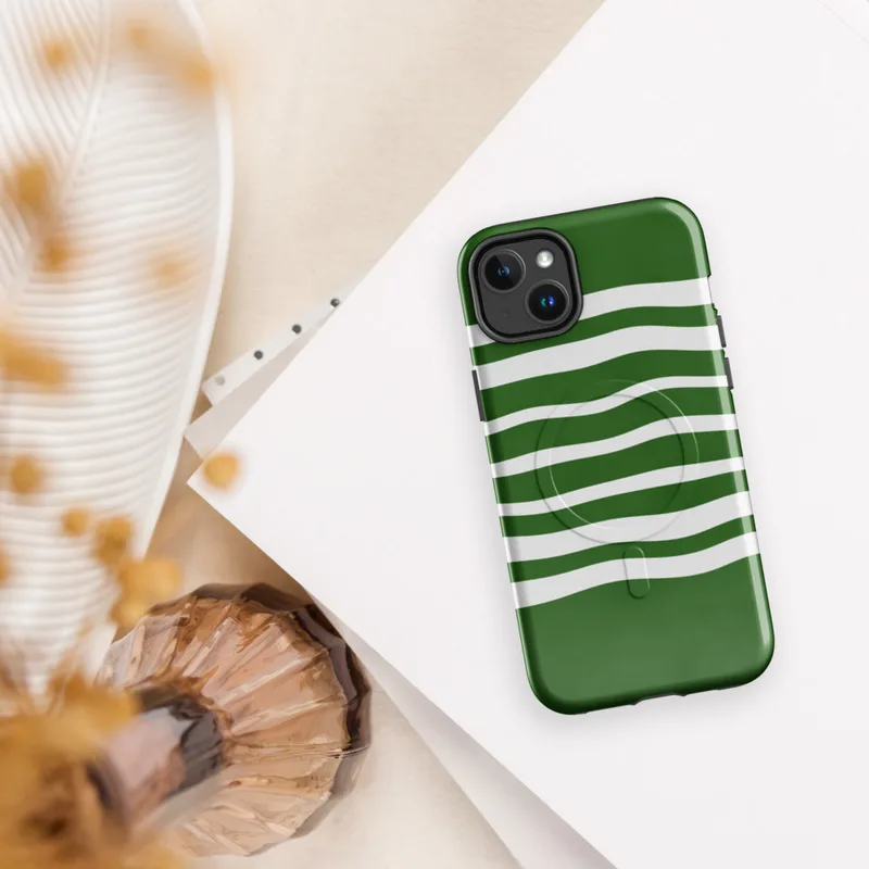 Glossy Green Wave Stripe MagSafe Tough Case for iPhone — wavy white horizontal stripes layered over a deep forest green