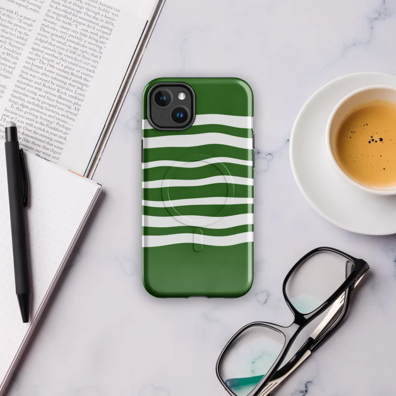 Glossy Green Wave Stripe MagSafe Tough Case for iPhone — wavy white horizontal stripes layered over a deep forest green