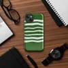Glossy Green Wave Stripe MagSafe Tough Case for iPhone — wavy white horizontal stripes layered over a deep forest green