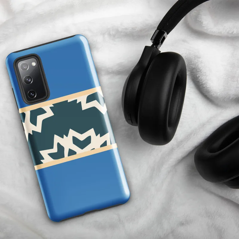 Glossy Arctic Fracture Tough Case for Samsung — jagged fractured teal and cream shapes in a horizontal band on sky-blue