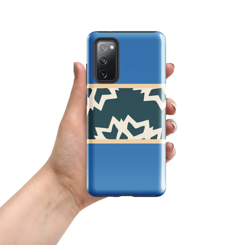 Glossy Arctic Fracture Tough Case for Samsung — jagged fractured teal and cream shapes in a horizontal band on sky-blue