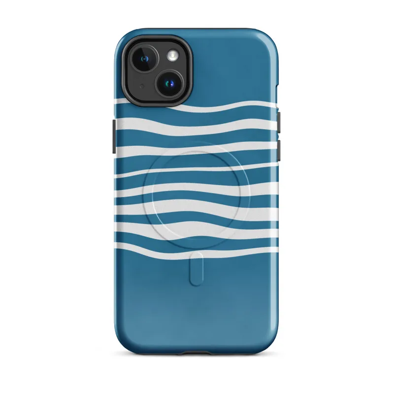 Glossy Ocean Wave Lines MagSafe Tough Case for iPhone — wavy white horizontal lines flowing across a deep teal blue