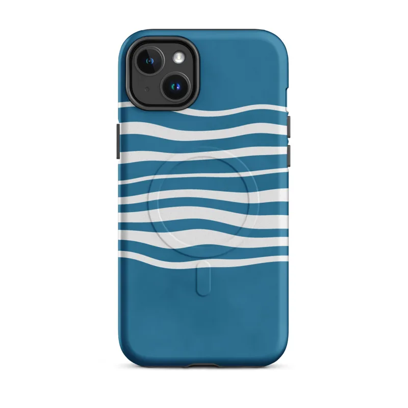 Matte Ocean Wave Lines MagSafe Tough Case for iPhone — wavy white horizontal lines flowing across a deep teal blue