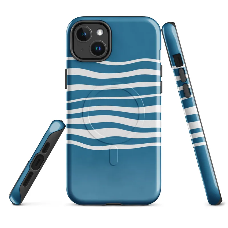 Glossy Ocean Wave Lines MagSafe Tough Case for iPhone — wavy white horizontal lines flowing across a deep teal blue