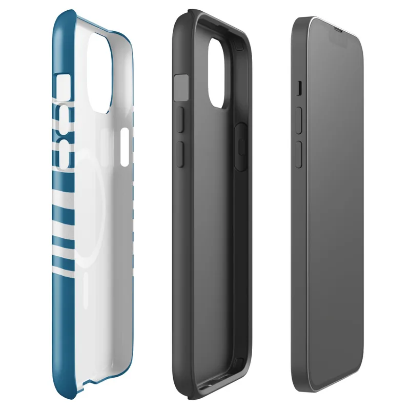 Glossy Ocean Wave Lines MagSafe Tough Case for iPhone — wavy white horizontal lines flowing across a deep teal blue