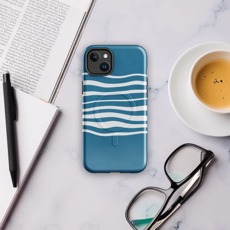 Glossy Ocean Wave Lines MagSafe Tough Case for iPhone — wavy white horizontal lines flowing across a deep teal blue