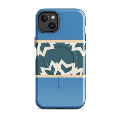 jagged cracked ice pattern in deep teal and cream on a cornflower blue background with thin sand-colored border stripes on Glossy Arctic Fracture Bold MagSafe Tough Case for iPhone - default - Front view