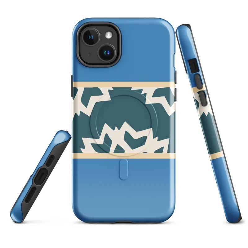 Glossy Arctic Fracture Bold MagSafe Tough Case for iPhone — jagged cracked ice pattern in deep teal and cream