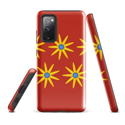 repeating golden starburst flowers with blue centers arranged in two rows on a vivid crimson red background on Glossy Sunburst Bloom Bold Tough Case for Samsung - default - Front view