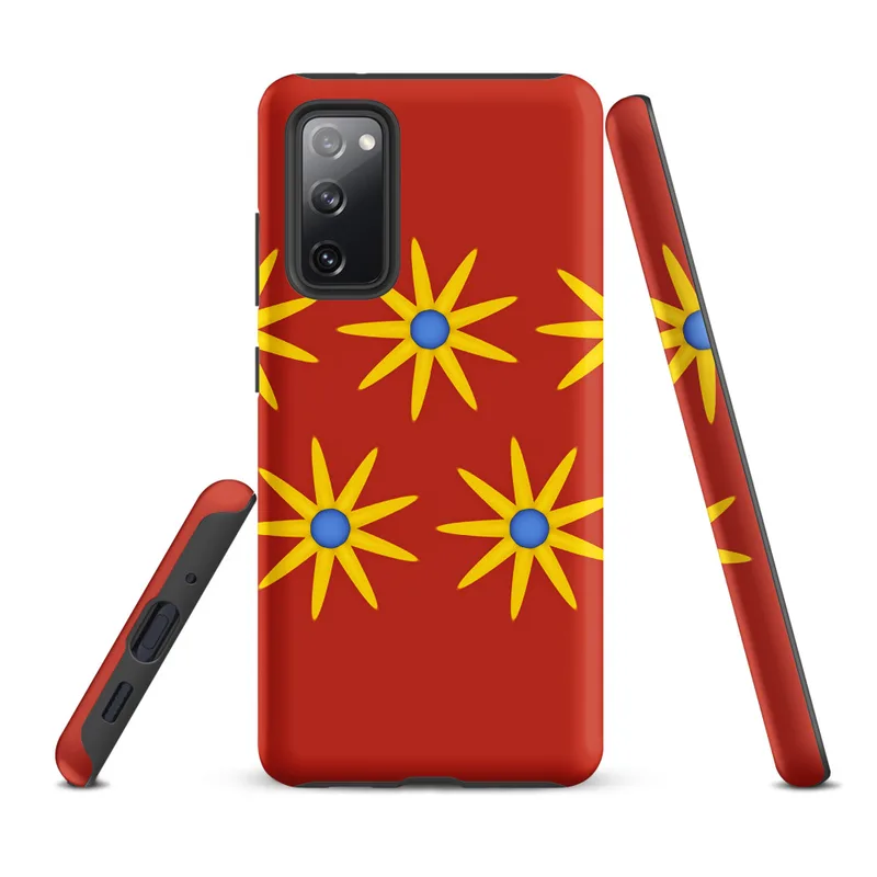 Matte Sunburst Bloom Bold Tough Case for Samsung — repeating golden starburst flowers with blue centers arranged in two rows