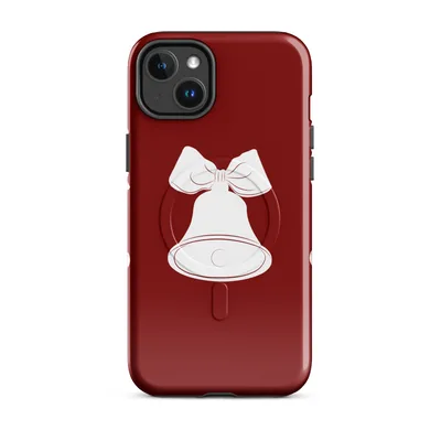three white illustrated bells with ribbon bows arranged in a row on a deep crimson red background on Glossy Jingle Bells Trio Holiday MagSafe Tough Case for iPhone - default - Front view