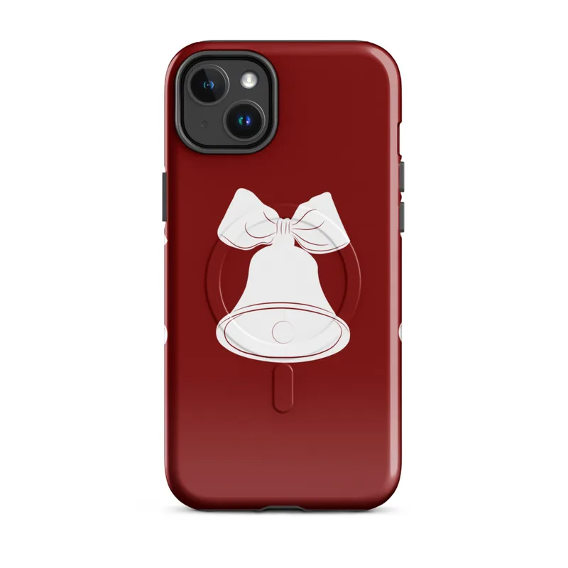 Glossy Jingle Bells Trio Holiday MagSafe Tough Case for iPhone — three white illustrated bells with ribbon bows arranged