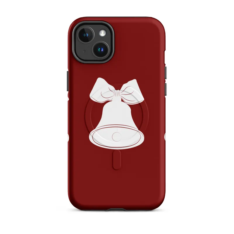 Matte Jingle Bells Trio Holiday MagSafe Tough Case for iPhone — three white illustrated bells with ribbon bows arranged