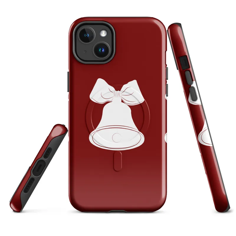 Glossy Jingle Bells Trio Holiday MagSafe Tough Case for iPhone — three white illustrated bells with ribbon bows arranged