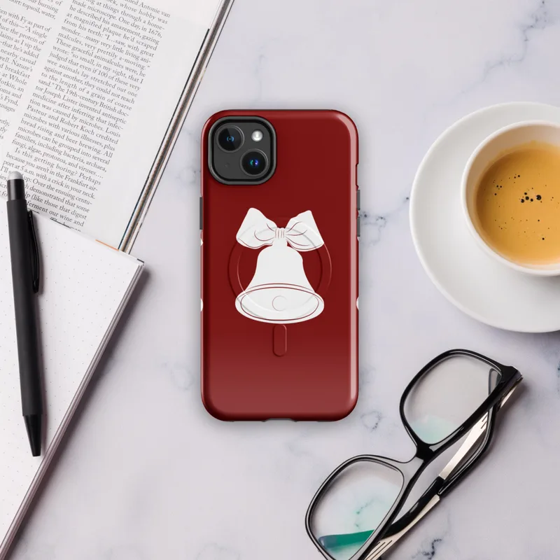 Glossy Jingle Bells Trio Holiday MagSafe Tough Case for iPhone — three white illustrated bells with ribbon bows arranged