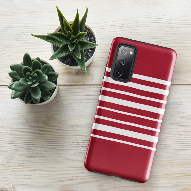 Glossy Bold Red Stripe Tough Case for Samsung — horizontal white stripes on a deep crimson red background in a classic