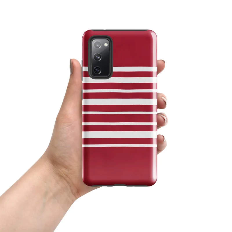 Glossy Bold Red Stripe Tough Case for Samsung — horizontal white stripes on a deep crimson red background in a classic