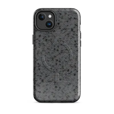 close-up seamless chainmail texture in dark charcoal and silver tones with interlocking metal rings and subtle red flecks on Glossy Steel Mesh Armor MagSafe Tough Case for iPhone - default - Front view