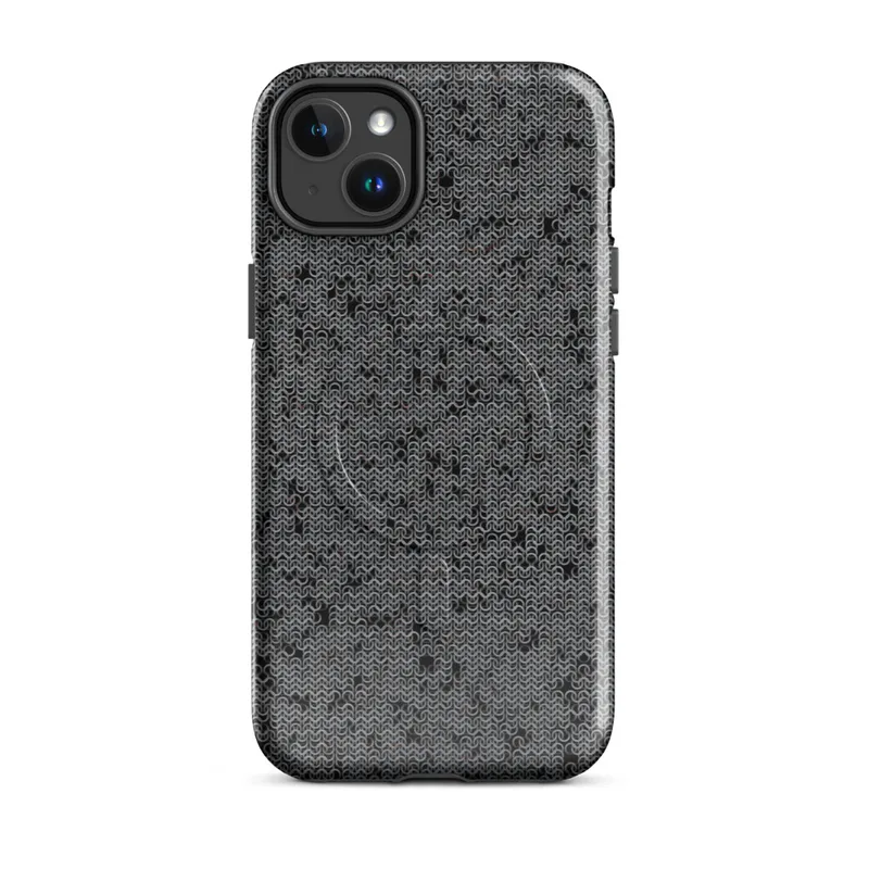 Glossy Steel Mesh Armor MagSafe Tough Case for iPhone — close-up seamless chainmail texture in dark charcoal and silver