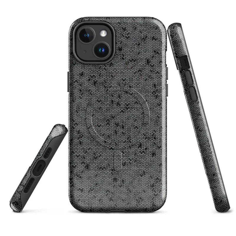 Glossy Steel Mesh Armor MagSafe Tough Case for iPhone — close-up seamless chainmail texture in dark charcoal and silver