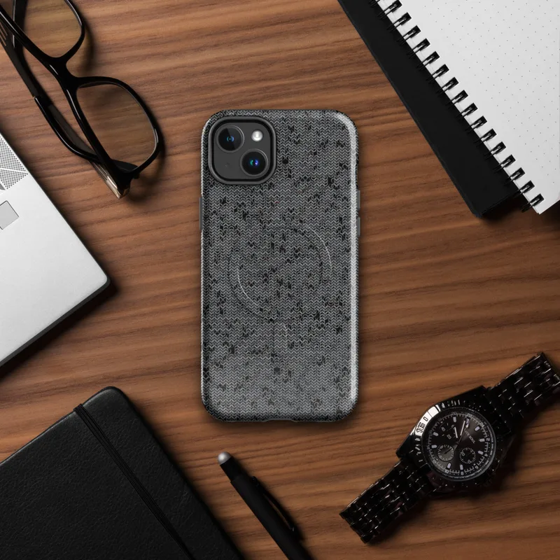 Glossy Steel Mesh Armor MagSafe Tough Case for iPhone — close-up seamless chainmail texture in dark charcoal and silver