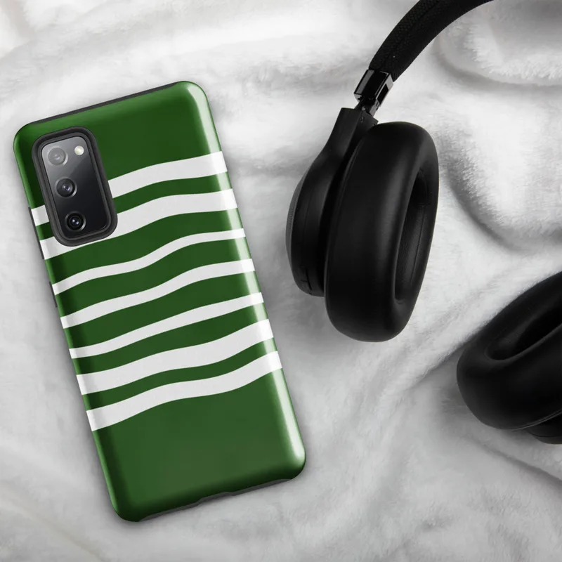 Glossy Green Wave Stripe Tough Case for Samsung — wavy horizontal white stripes flowing across a deep forest green