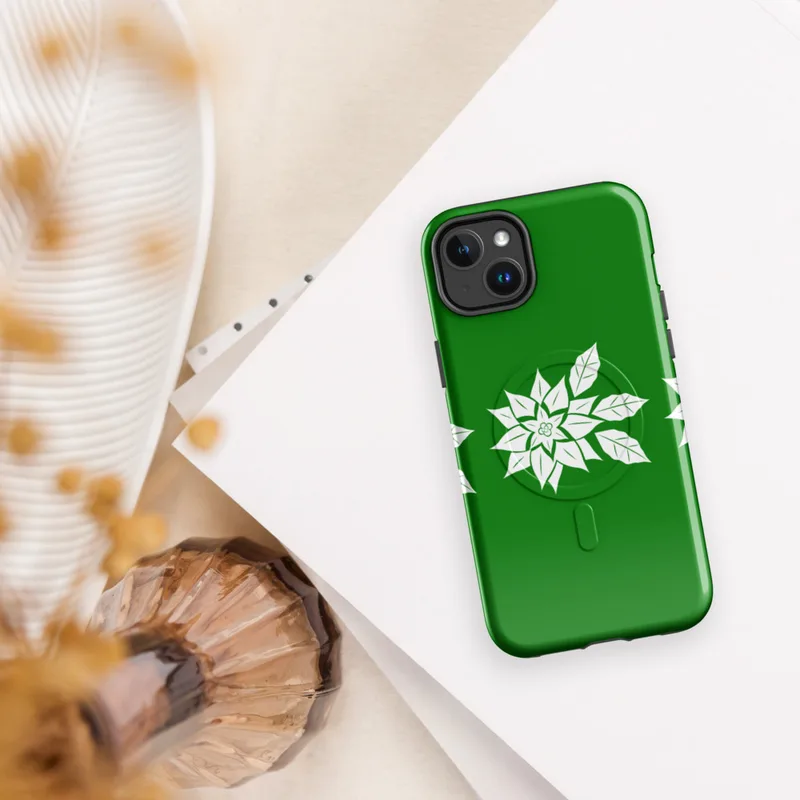 Glossy Winter Poinsettia Trio MagSafe Tough Case for iPhone — three white poinsettia flower silhouettes with detailed leaf