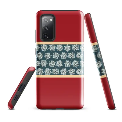 crimson red background with a horizontal teal band filled with repeating cream geometric snowflake medallions, bordered by ivory stripes on Glossy Crimson Snowflake Band Tough Case for Samsung - default - Front view