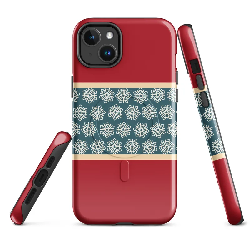 Glossy Winter Geometric Snowflake Band MagSafe Tough Case for iPhone — repeating ivory geometric snowflakes on a teal