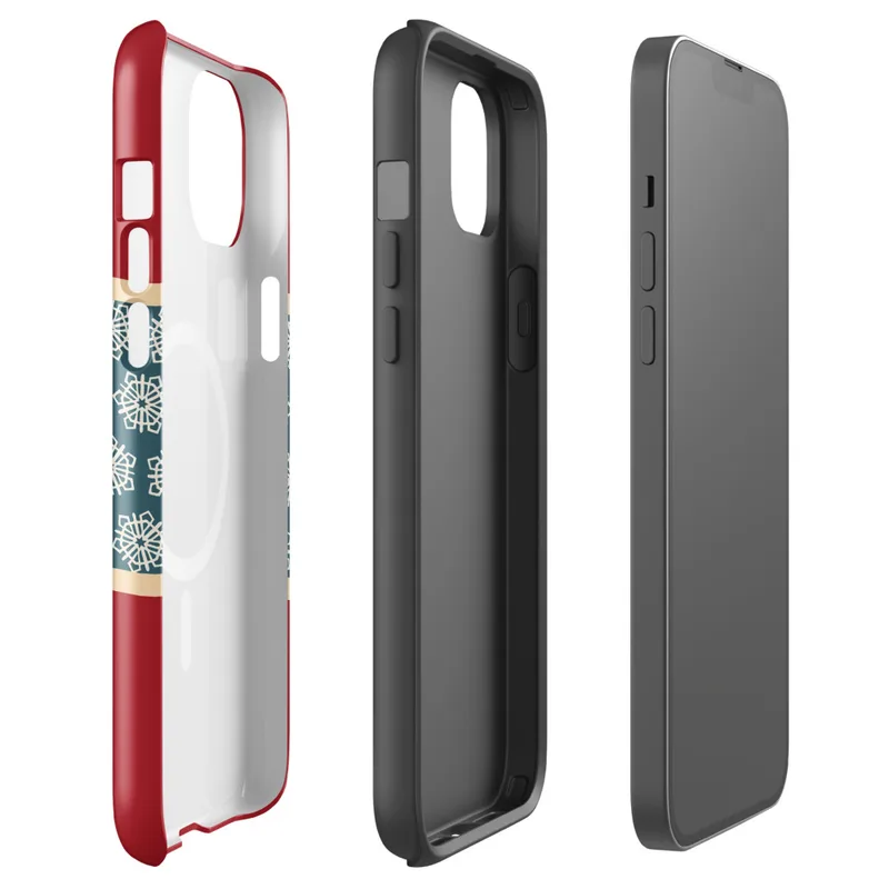 Glossy Winter Geometric Snowflake Band MagSafe Tough Case for iPhone — repeating ivory geometric snowflakes on a teal