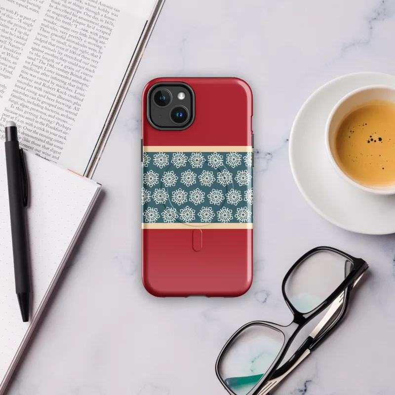 Glossy Winter Geometric Snowflake Band MagSafe Tough Case for iPhone — repeating ivory geometric snowflakes on a teal