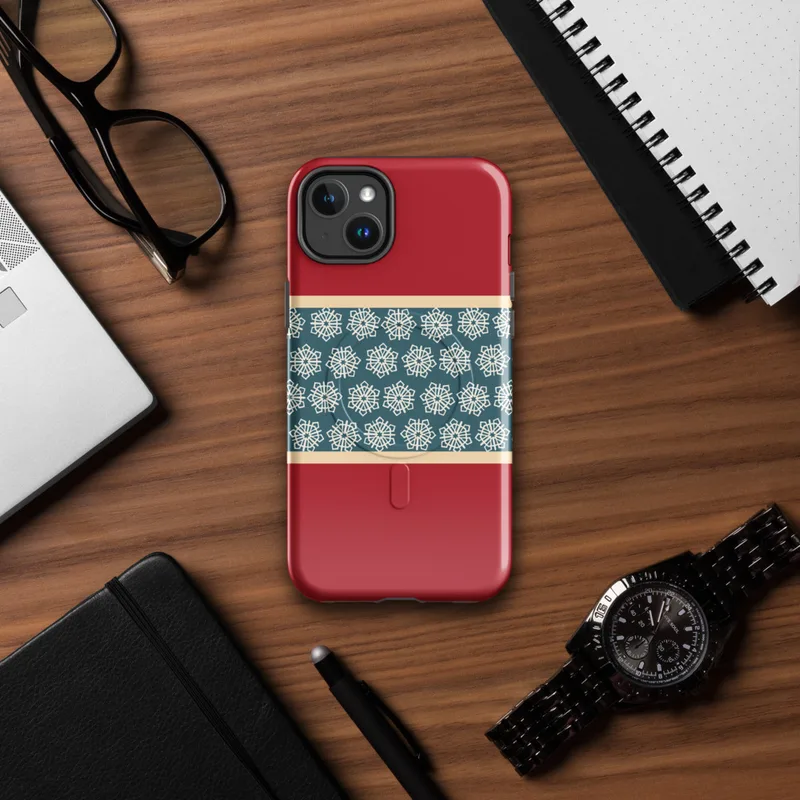 Glossy Winter Geometric Snowflake Band MagSafe Tough Case for iPhone — repeating ivory geometric snowflakes on a teal