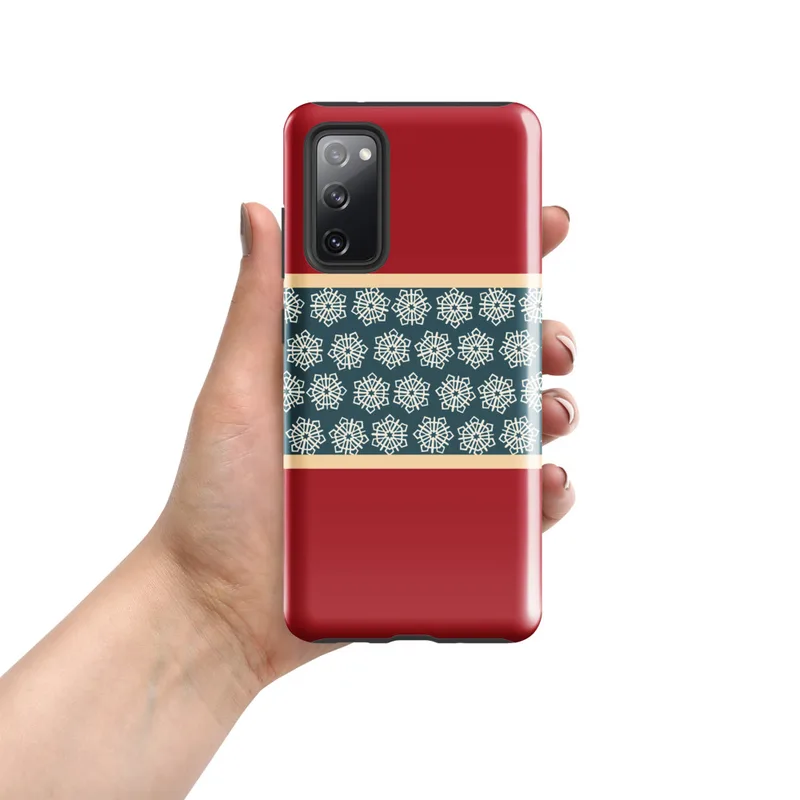 Glossy Crimson Snowflake Band Tough Case for Samsung — crimson red background with a horizontal teal band filled