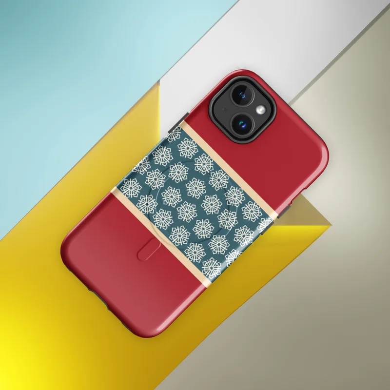 Glossy Winter Geometric Snowflake Band MagSafe Tough Case for iPhone — repeating ivory geometric snowflakes on a teal