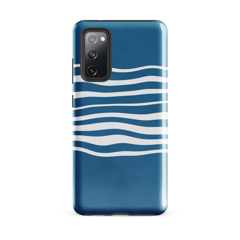 Glossy Ocean Wave Lines Tough Case for Samsung — white undulating horizontal wave lines flowing across a deep ocean blue
