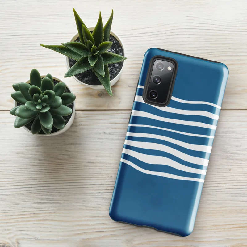 Glossy Ocean Wave Lines Tough Case for Samsung — white undulating horizontal wave lines flowing across a deep ocean blue