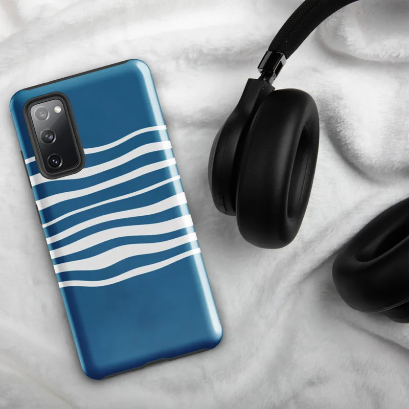 Glossy Ocean Wave Lines Tough Case for Samsung — white undulating horizontal wave lines flowing across a deep ocean blue