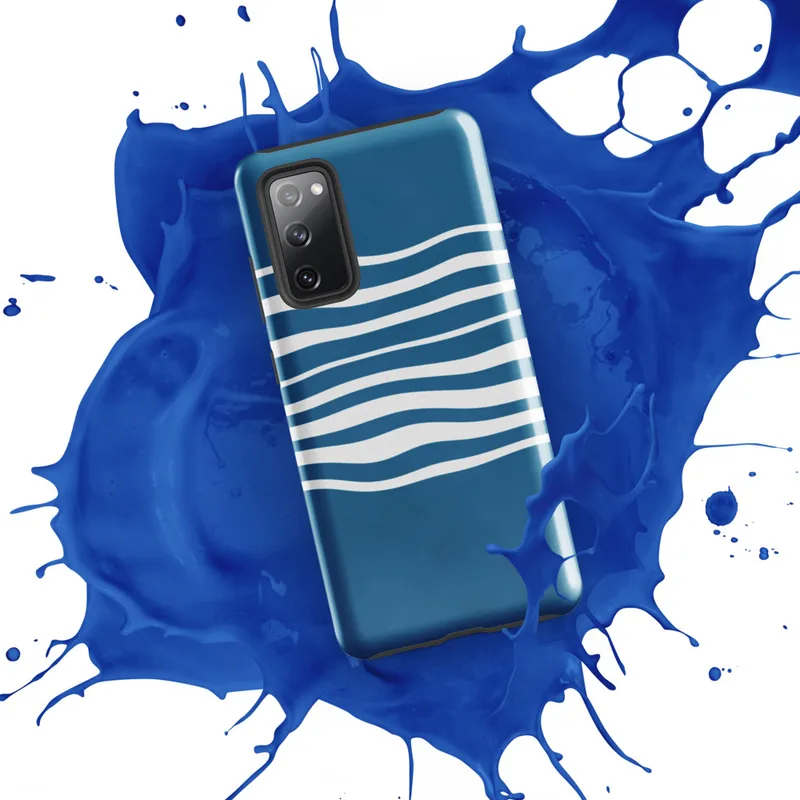 Glossy Ocean Wave Lines Tough Case for Samsung — white undulating horizontal wave lines flowing across a deep ocean blue