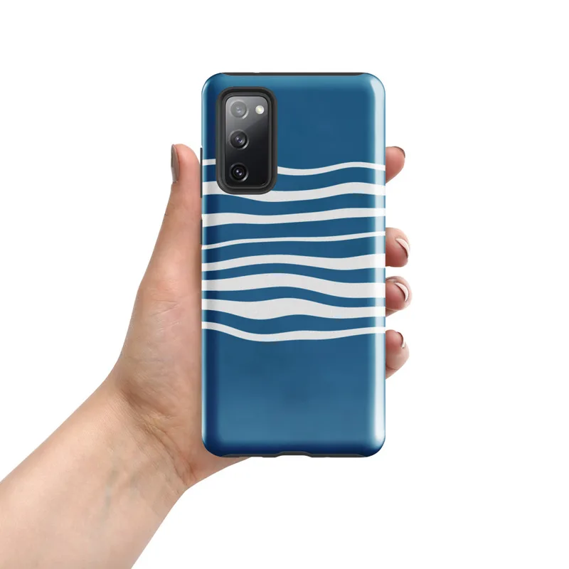 Glossy Ocean Wave Lines Tough Case for Samsung — white undulating horizontal wave lines flowing across a deep ocean blue