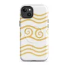Glossy Golden Tides Waves MagSafe Tough Case for iPhone — flowing golden wave lines with ornate spiral crests in warm amber