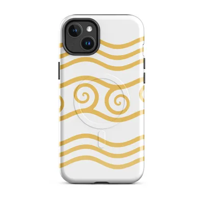flowing golden wave lines with ornate spiral crests in warm amber on a white background, hand-drawn nautical style on Glossy Golden Tides Waves MagSafe Tough Case for iPhone - default - Front view