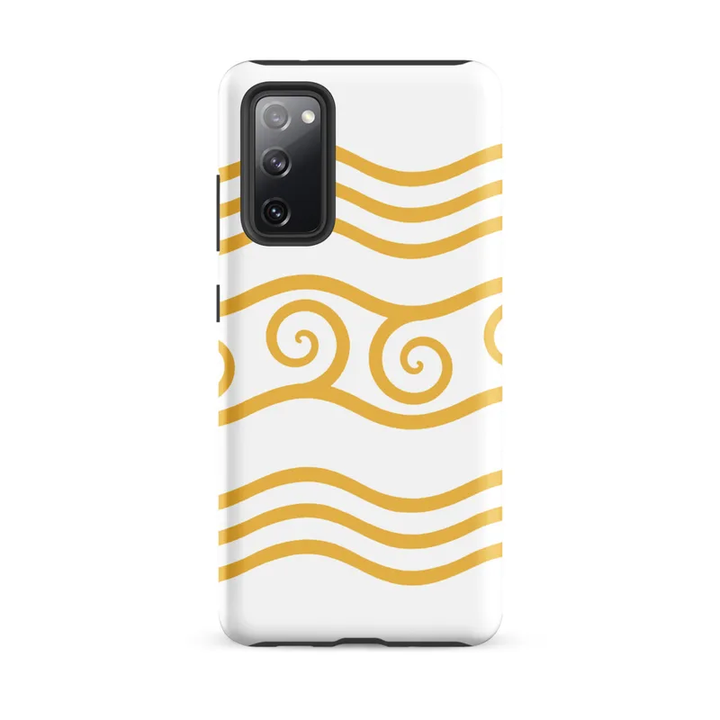 Matte Golden Waves Tough Case for Samsung — repeating golden wavy lines on white background with a center band of connected