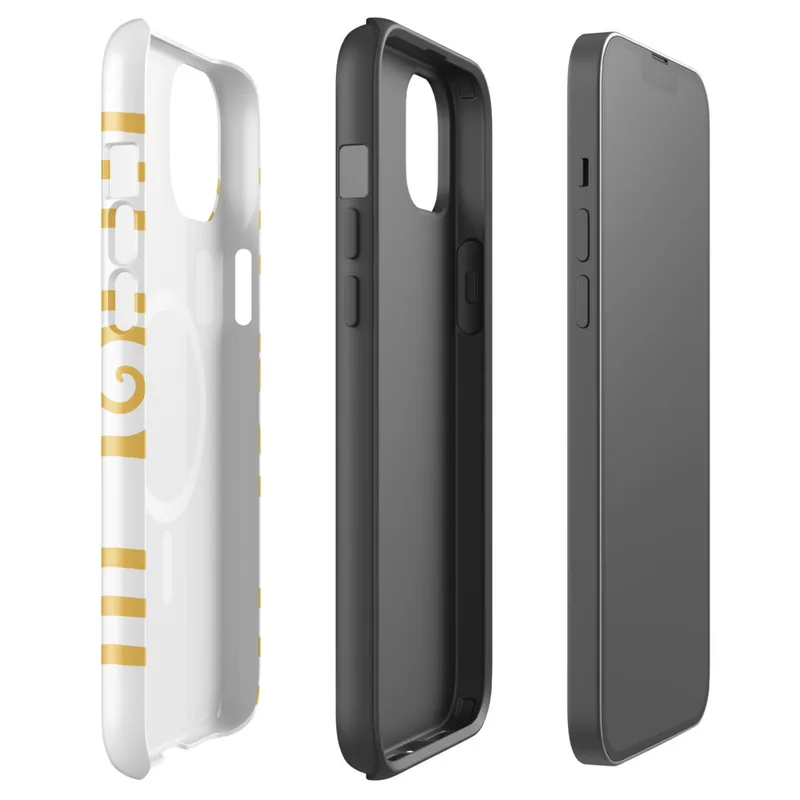Glossy Golden Tides Waves MagSafe Tough Case for iPhone — flowing golden wave lines with ornate spiral crests in warm amber