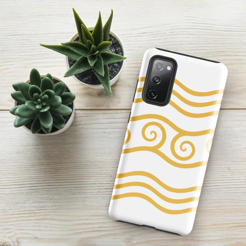 Glossy Golden Waves Tough Case for Samsung — repeating golden wavy lines on white background with a center band of connected