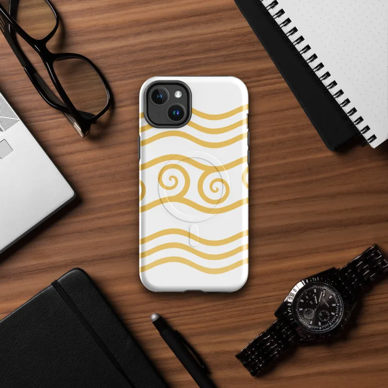 Glossy Golden Tides Waves MagSafe Tough Case for iPhone — flowing golden wave lines with ornate spiral crests in warm amber