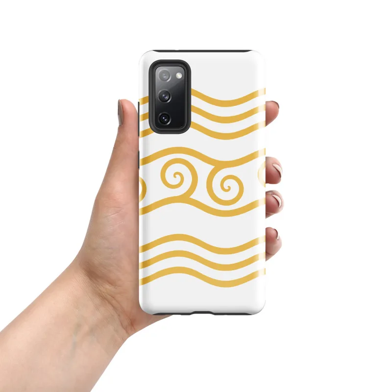 Glossy Golden Waves Tough Case for Samsung — repeating golden wavy lines on white background with a center band of connected