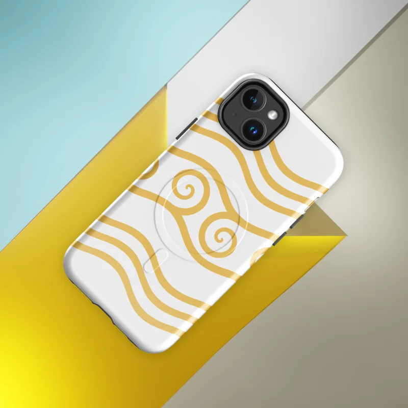 Glossy Golden Tides Waves MagSafe Tough Case for iPhone — flowing golden wave lines with ornate spiral crests in warm amber