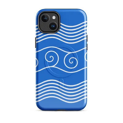 white parallel wave lines and spiral wave crests on vivid cobalt blue background in a bold nautical pattern on Glossy Ocean Waves Coastal Serenity MagSafe Tough Case for iPhone - default - Front view