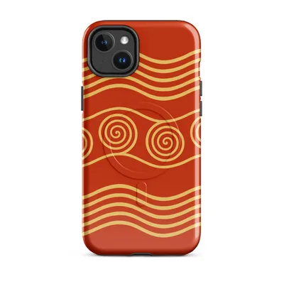 repeating golden spiral circles and wavy parallel lines on a deep crimson red background in a classical ancient decorative style on Glossy Ancient Waves Gold Spiral MagSafe Tough Case for iPhone - default - Front view