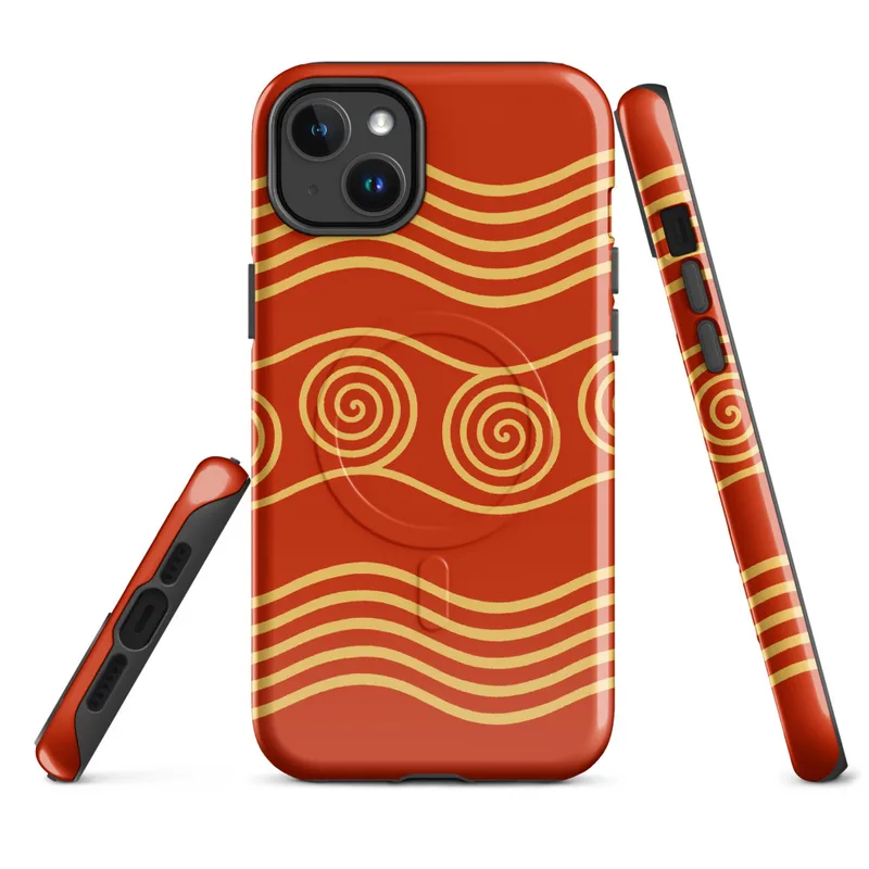 Glossy Ancient Waves Gold Spiral MagSafe Tough Case for iPhone — repeating golden spiral circles and wavy parallel lines